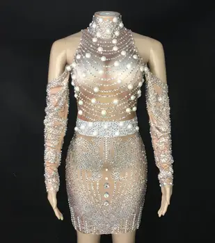 2020 Сексуальное дизайнерское платье с жемчугом и стразами, женское платье для празднования дня рождения, танцевальный наряд, Вечернее платье для певицы на сцене бара, Стрейчевое платье