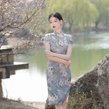 2023 Летний улучшенный Чонсам средней длины, элегантное платье в традиционном китайском стиле, юбка с цветочным принтом, приталенный ципао для женщин