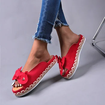 2023 Новые женские тапочки Повседневные однотонные туфли на плоской платформе с бантом Модные Уличные сандалии для прогулок Zapatilla Mujer