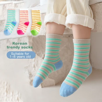 3 Пары детских носков, дышащие спортивные носки для девочек и мальчиков, унисекс, хлопковые мягкие носки в полоску, модный тренд, радужные носки для детей 1-8 лет, детские носки