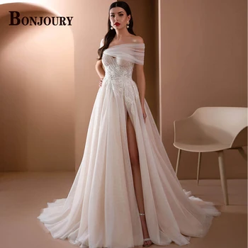 BONJOURY Гламурные свадебные платья для женщин HighSplit 2023 Невесты с аппликацией без бретелек и шнуровкой по индивидуальному заказу Vestido De Novia