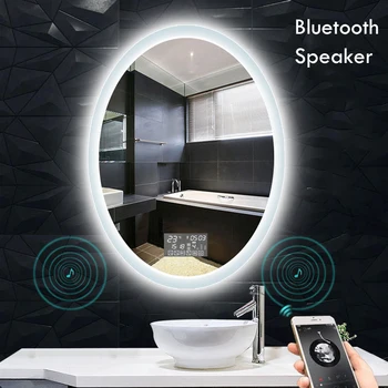 Espejo de baño con forma ovalada para maquillaje inteligente,ción, con altavoz Bluetooth, para decoración de dormitorio