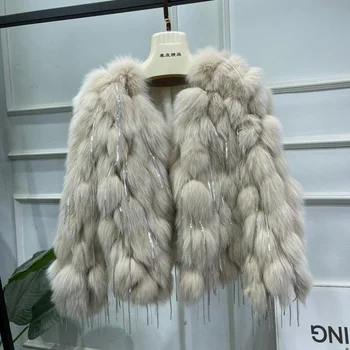 Fantfur Зимняя шуба из натурального меха для женщин, модная теплая куртка с круглым вырезом из 100% натурального лисьего меха с блестящей кисточкой