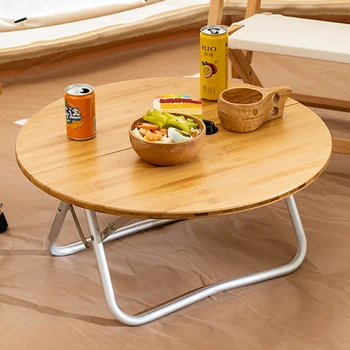 HCLDJM Складной круглый стол для кемпинга на открытом воздухе, спинка для рыбалки, барбекю для пикника, бамбуковый стол, переносной столик с сумкой для переноски, барбекю