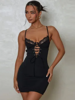 Mozision Черное кружевное мини-платье с вырезами для женщин, халат на бретельках, без рукавов, с открытой спиной, облегающее Сексуальное платье для клубной вечеринки.