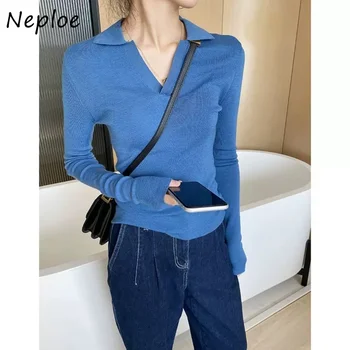 Neploe Отложной воротник, однотонный вязаный пуловер с длинными рукавами, Корейский модный универсальный свитер Y2K, Модный Женский пуловер с длинными рукавами.