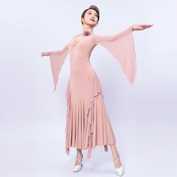 NY08 F3001 Женское платье для бальных танцев с цветочным лотосом, профессиональные костюмы для занятий вальсом, танго, расширяющаяся сетчатая одежда