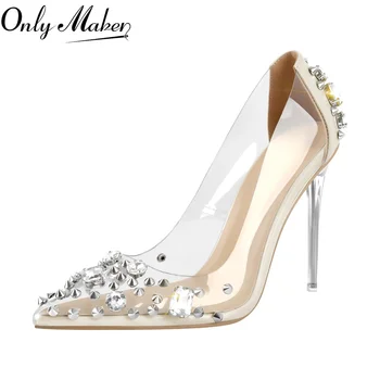Onlymaker/ женские туфли-лодочки из ПВХ с острым носком, элегантное свадебное вечернее платье со стразами, большие размеры, без застежки на шпильках