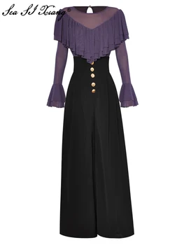 Seasixiang Модный дизайнерский весенний костюм, женский пуловер с рюшами и расклешенными рукавами, топы + широкие брюки с высокой талией, комплект из двух предметов