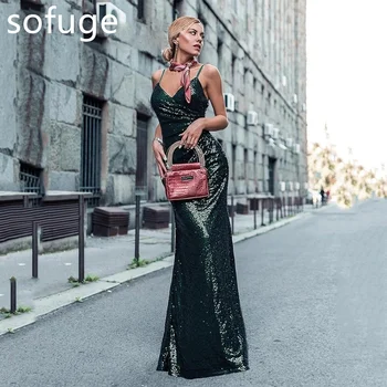 Sofuge ad937 Роскошное тюлевое платье знаменитости, вечернее платье с открытой спиной, бретельками, V-образным вырезом, блестящее платье-русалка без рукавов