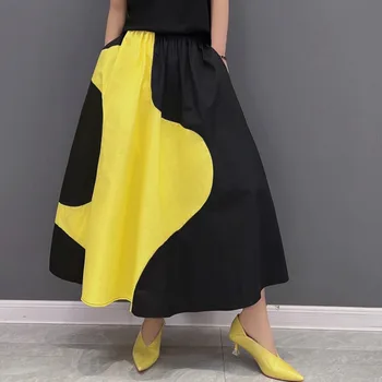 Vefadisa 2023 Лето Новая юбка большого размера Женская Мода Досуг Принт Цвет строчки Юбка с высокой талией Зеленый Желтый LHX120
