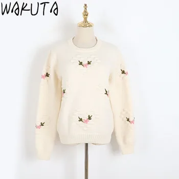 WAKUTA Осень Зима 2023, Свитера с цветочной вышивкой, 3 цвета, свободные женские пуловеры с круглым вырезом и длинным рукавом, универсальные трикотажные топы