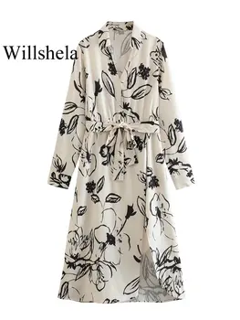 Willshela Женское Модное Однобортное платье Миди с принтом на поясе, Винтажный вырез с лацканами, длинные рукава, женские Шикарные платья для леди