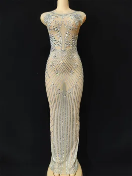 Блестящее Серебряное Зеркало из эластичной ткани со стразами, женское платье для празднования Дня рождения, платье для танцовщицы, платье для вечеринки