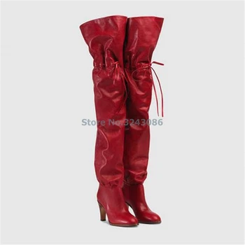 Ботфорты выше колена с круглым носком, красные, черные, из искусственной овчины, на шнуровке, Модные зимние женские ботинки из искусственной кожи со складками на среднем каблуке