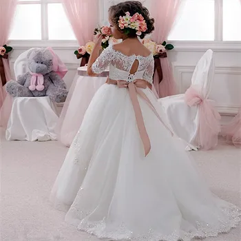 Великолепные кружевные свадебные платья для девочек в цветочек Аппликации с поясом Для младенцев и малышей Платье для первого причастия на День рождения, выпускной Вечернее платье