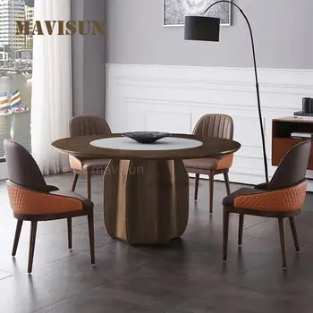 Встроенный поворотный стол, обеденный стол из массива дерева, круглый обеденный стол в новом китайском стиле, Семейный Простой ресторанный мебель