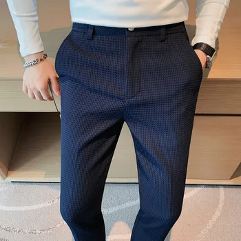 Высококачественные брюки для костюма с вафлями в британском стиле, деловые брюки, мужские стрейчевые повседневные Классические Облегающие офисные брюки для общения