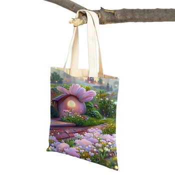 Двусторонняя сумка для покупок в мультяшном сказочном мире для девочек, женская сумка-тоут, холщовая сумка с цветочным рисунком, женские сумки для покупок