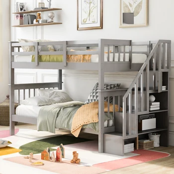 Двухъярусная кровать Twin-Over-Twin на лестнице с местом для хранения и ограждением для спальни, общежития, серого цвета