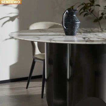 Дизайнерская роскошная круглая кухня из мраморной плиты обеденный стол с набором из 4 6 стульев mesa tablo furniture comedor marbre Основание из углеродистой стали