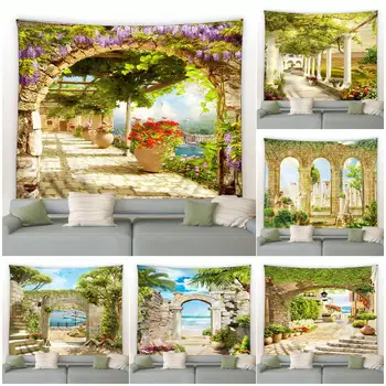 Европейский Садовый пейзаж, Гобелен, Цветочное растение, Ретро Архитектура, Природный Ландшафт, Настенное Декоративное одеяло для домашней комнаты