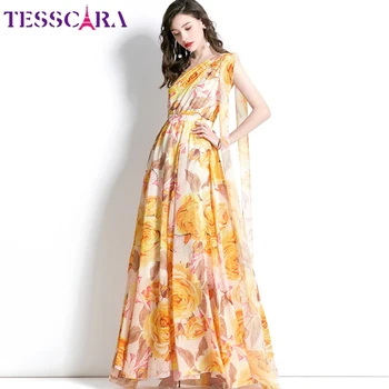 Женское Летнее элегантное асимметричное платье TESSCARA Festa, высококачественное длинное коктейльное платье для вечеринки, винтажное дизайнерское шифоновое платье Vestidos
