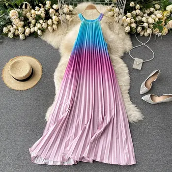 Женское элегантное винтажное платье Макси трапециевидной формы с градиентом цвета радуги, сексуальные платья без рукавов на бретелях
