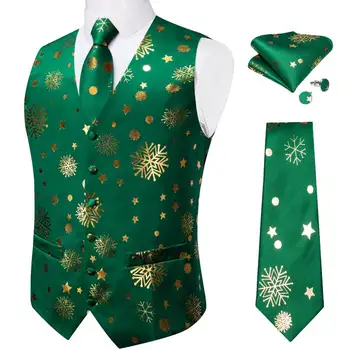 Зеленый Золотой рождественский шелковый костюм, жилет с принтом Снежинки, мужской жилет, Галстук, Носовой платок, Запонки, Семейная вечеринка, Мужская одежда