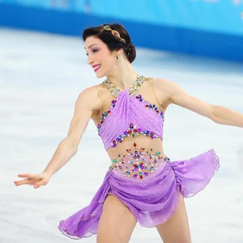 Индивидуальное фиолетовое платье для фигурного катания на коньках для соревнований, одежда для фигурного катания без рукавов со стразами