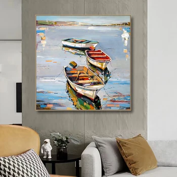 Картины маслом с каноэ ручной росписи на холсте с морскими пейзажами в скандинавском стиле, красочные лодки ручной работы, картина маслом для декора стен современного дома