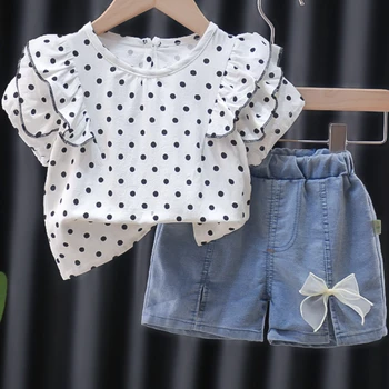 Комплект одежды для маленьких девочек 2023, модная одежда для малышей, плиссированный кружевной воротник в горошек + Длинные джинсовые брюки с бантиками, детская одежда 1, 2, 3, 4 лет