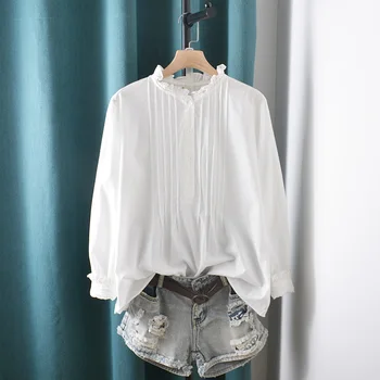 Короткая хлопчатобумажная рубашка-блузка с гофрированным воротником Lamprip и длинным рукавом, весенний бутик-топ 2022 года.
