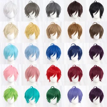 Короткий Прямой парик для косплея, Белый, Зеленый, Фиолетовый, Коричневый, Черный, Синий, Серый, Светлый, Оранжевый, Красный, Золотой, Пушистые Термостойкие волосы, Аниме-парики