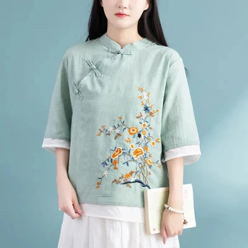 Креативная женская одежда Hanfu из китайского хлопка и льна с вышивкой Tang Top, улучшенная одежда для учителей чайного искусства