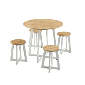 Кухонный обеденный набор из 5 предметов, 1 круглый стол с деревянной отделкой и 4 стула