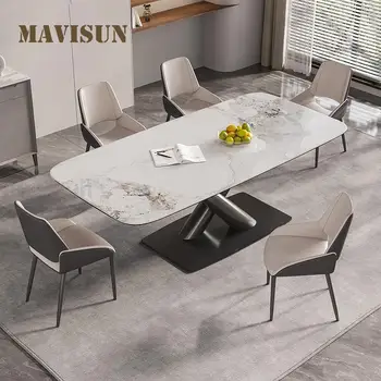 Кухонный стол из итальянской каменной плиты, каркас из черной углеродистой стали, комбинация стульев на шесть мест, Белый Минималистичный прямоугольный обеденный стол