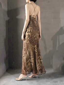 Леопардовая двухслойная сверхдлинная весенне-летняя одежда для вечеринок, праздничное платье, женское шелковое платье 2 4 6 8
