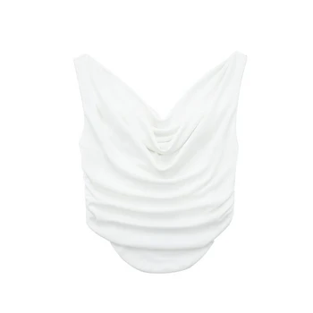 Летняя новая женская одежда, универсальные тонкие короткие складки, Белый топ, сексуальная футболка с открытыми плечами в рыбью косточку.