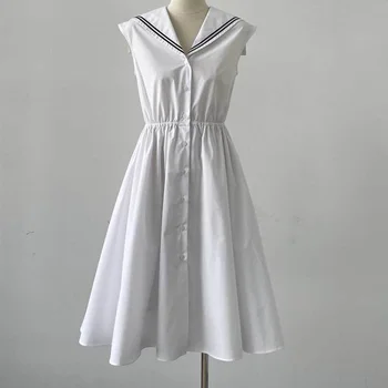 Мода 23SS Новое хлопчатобумажное белое платье в стиле колледжа, темно-синий воротник, тонкие платья с V-образным вырезом, женская одежда с вышивкой без рукавов
