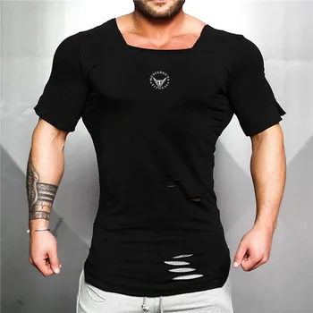 Мужская футболка с квадратным воротником, летняя дышащая хлопковая футболка с коротким рукавом, спортивная одежда для занятий бодибилдингом, фитнесом