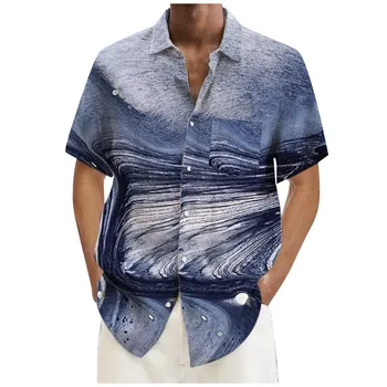 Мужские гавайские рубашки с короткими рукавами с 3D принтом, повседневные топы в пляжном стиле с лацканами, импортная одежда в стиле ретро-волны