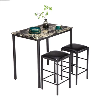 Набор для обеденного стола [90 x 60 x 82] см С Мраморной облицовкой, Высокий Обеденный стол и подушка для стула Черного цвета, Набор из 3 предметов, 1 Стол, 2 стула