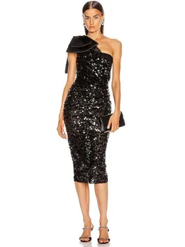 Новое лето 2023, женское Сексуальное Черное блестящее атласное платье на одно плечо, дизайнерское элегантное вечернее платье Миди Vestido