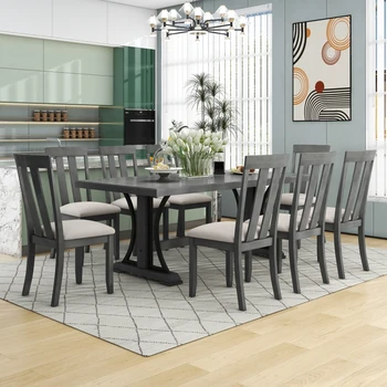 Обеденный стол в стиле ретро из 9 предметов, деревянный прямоугольный стол 78 дюймов и 8 обеденных стульев для столовой (серый)