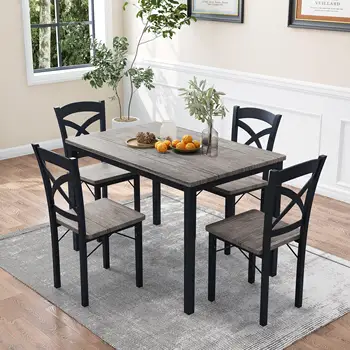 Обеденный стол из 5 предметов, домашний кухонный стол и стулья, промышленный деревянный обеденный набор с металлическим каркасом
