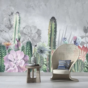 Обои на заказ Акварельно-зеленые, большие пустынные кактусы и абстрактные серые цветы, цветочные обои для стен из ПВХ