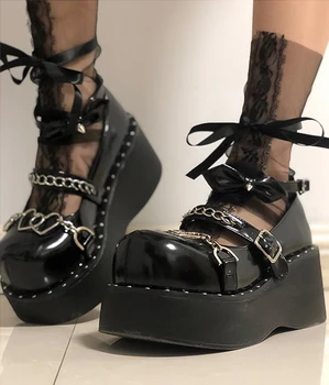 Обувь из губчатой кожи для девочек в готическом стиле, удобные панк-сандалии с металлическими цепочками на толстой подошве, женские модные сандалии с большим носком