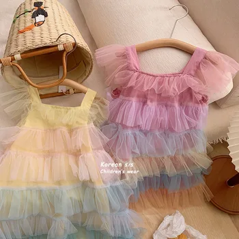 Платье-пачка для маленьких девочек, Летние Корейские сетчатые платья принцессы в радужную полоску без рукавов с оборками, Vestidos, Детская одежда от 2 до 10 лет