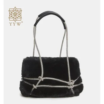 Плюшевая сумка через плечо со стразами, Зимние роскошные сумки для покупок подмышками с бриллиантовым блеском, Черные женские модные сумки 2023 года